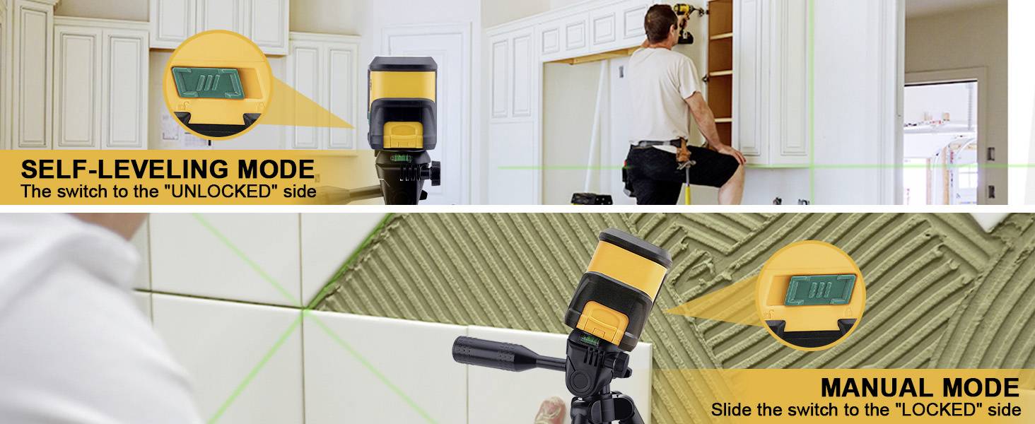 Das Bild zeigt oben eine Person, die ein Gerät im 'Selbstnivellierungsmodus' einstellt, und unten Fliesenarbeiten im 'Manuellen Modus'.