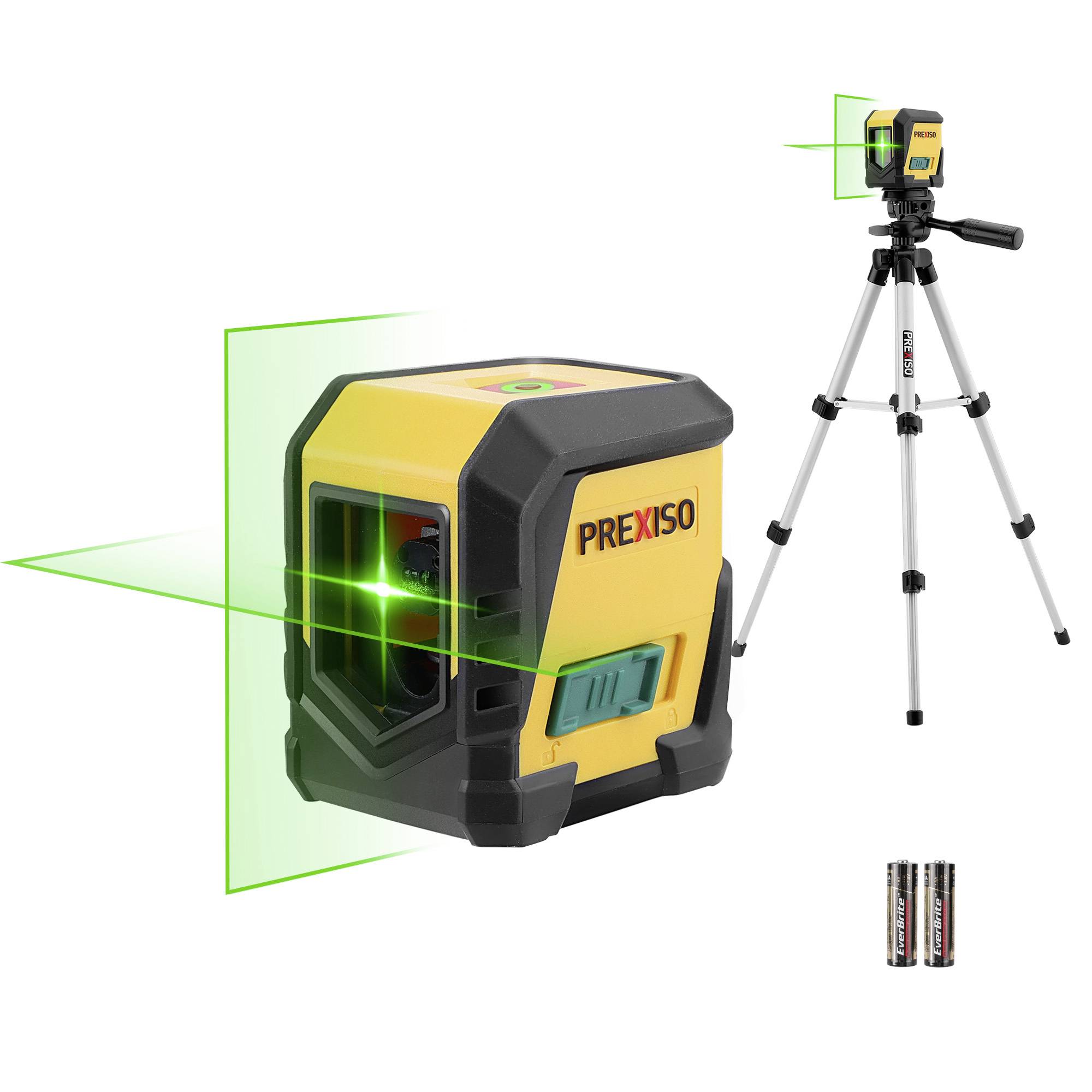 Ein gelber Laser-Nivellierer projiziert grüne Linien; steht auf Stativ. Batterien daneben. Gerät von PREXISO, geeignet für präzise Messungen.