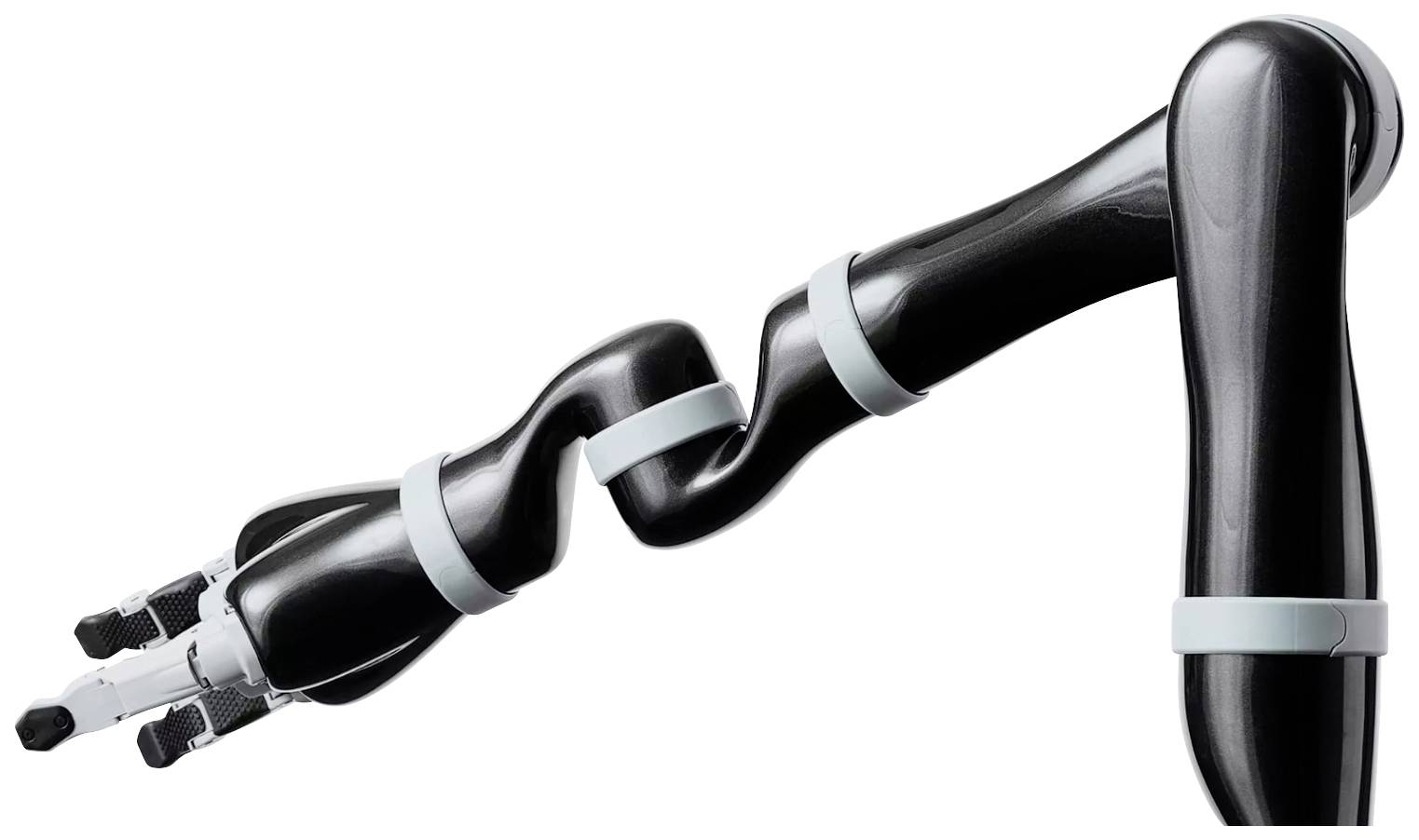 Ein biegbarer Roboterarm mit mehreren Gelenken und Greifern. Der Arm ist schwarz mit weißen Ringen und wird für präzise Aufgaben genutzt.