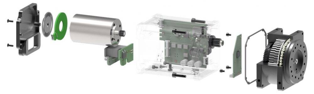 Explosionszeichnung eines Elektromotors, der in seine Einzelteile zerlegt ist, zeigt Bestandteile wie Gehäuse, Rotor und Stator.