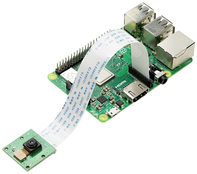 Eine grüne Leiterplatte des Raspberry Pi mit angeschlossenem Kameramodul und Flachbandkabel, zwei USB-Ports und einem Ethernet-Anschluss.