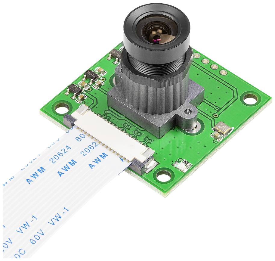 Kamera-Modul auf grünem Schaltkreis mit befestigtem Flachbandkabel, geeignet für elektronische Projekte oder Überwachungssysteme.