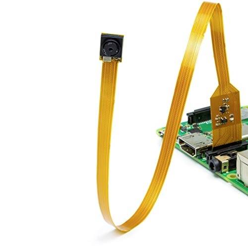 Nahaufnahme eines Mikrocomputers mit orangefarbenem Flachbandkabel und kleiner angebrachter Kamera.