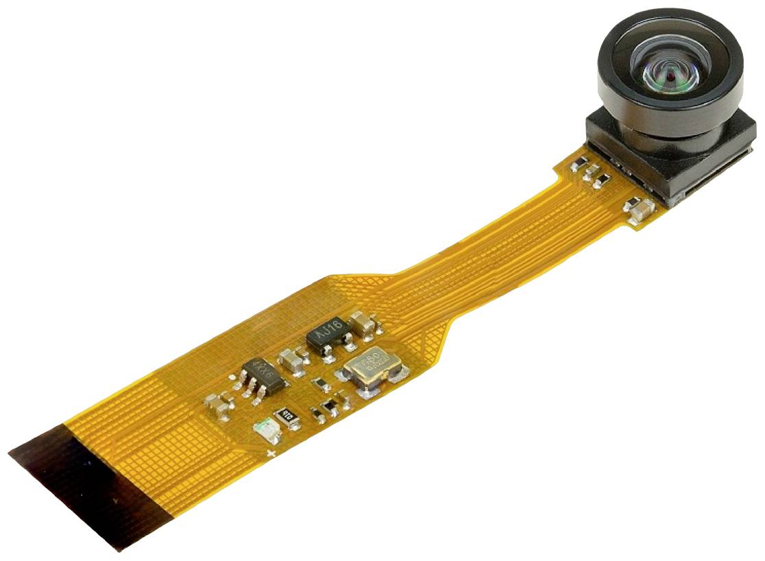 Kleine Kamera mit flexiblem Flachbandkabel, geeignet für elektronische Anwendungen.