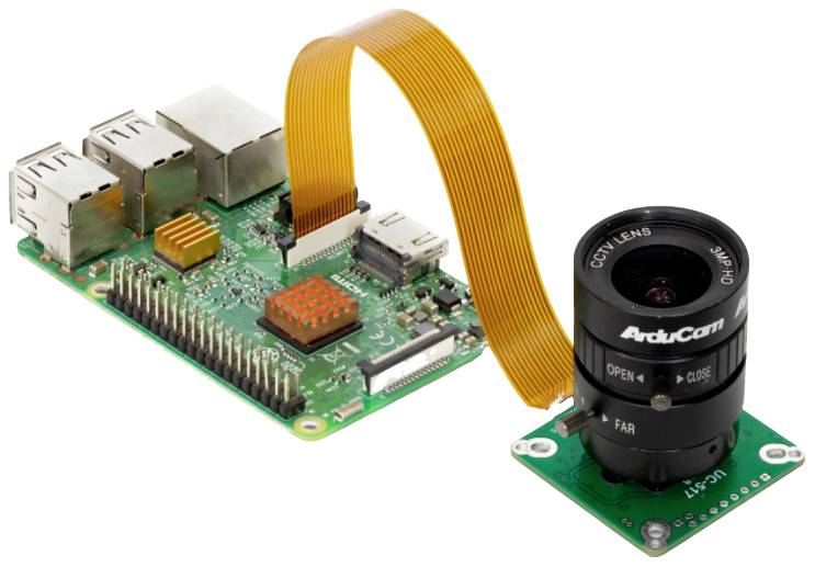 Raspberry Pi mit verbundenem Kamera-Modul über ein Flachbandkabel; zeigt die Möglichkeit zur Erweiterung mit Kamera-Sensoren.
