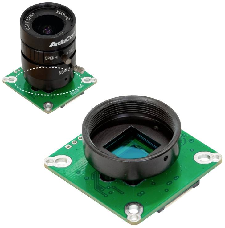 Zwei grüne Platinen mit eingesetzten Kameraobjektiven. Oben steht '3MP 4K HD' auf dem oberen Objektiv, unten ein quadratischer Sensor.