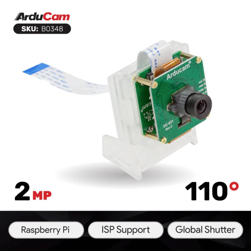 'ArduCam Kamera-Modul B0348' mit 2 MP, 110° Sichtfeld, Raspberry Pi kompatibel, unterstützt ISP und Global Shutter.