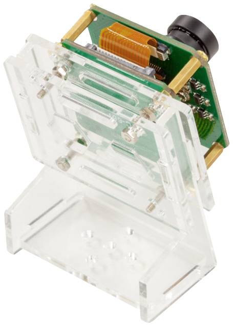 Eine kleine elektronische Kamera auf einem transparenten Ständer, mit sichtbaren Schaltkreisen und einem Objektiv, das nach vorne zeigt.