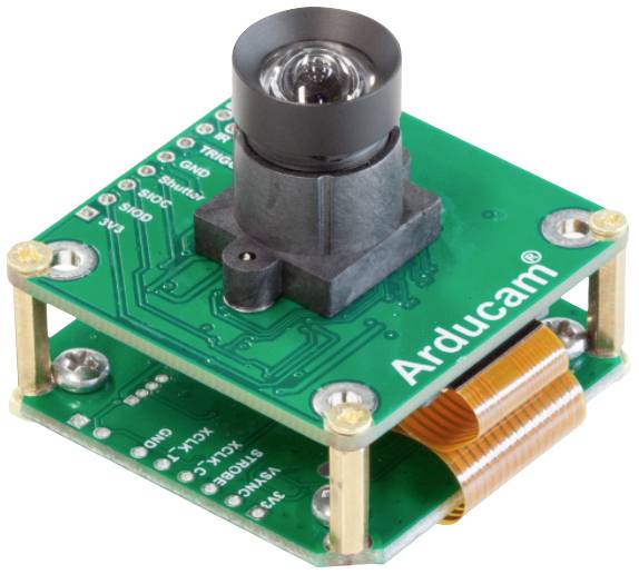 Kamera-Modul mit Linse auf grünem Schaltkreis, beschriftet mit 'Arducam'. Verwendet für DIY-Elektronikprojekte oder Überwachungsanwendungen.