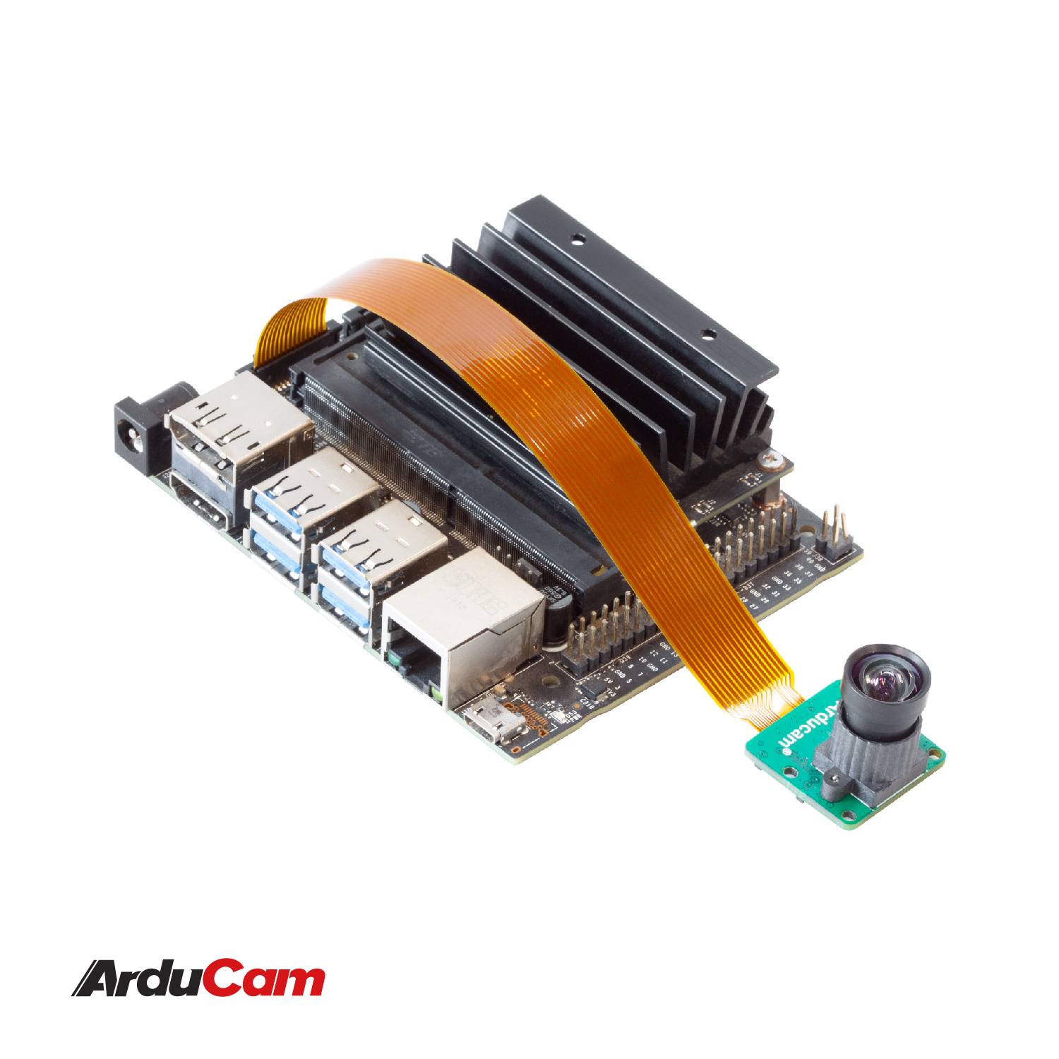 Ein Mikrocontroller-Board mit mehreren USB-Anschlüssen, Ethernet-Port und einer angeschlossenen Kamera mit Flachbandkabel. Markenname 'ArduCam'.