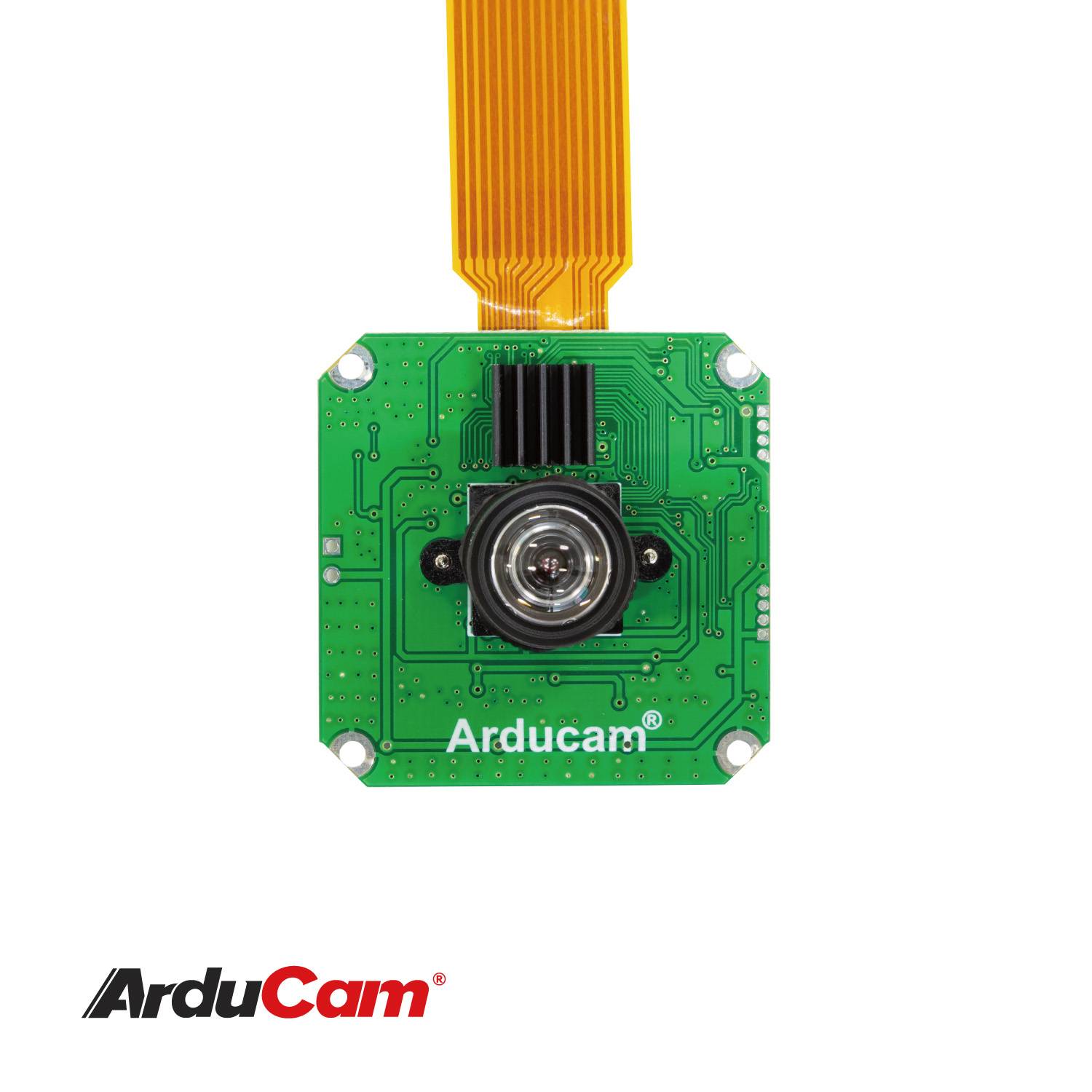 Ein grünes ArduCam-Modul mit Linse und einem gelben Flachbandkabel. Der Markenname 'Arducam' ist unten aufgedruckt.
