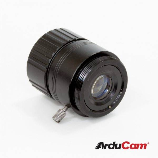 'ArduCam'-Objektiv in schwarz, zylindrische Form mit einer Einstellschraube.