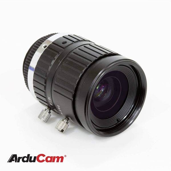 Ein schwarzes Kameraobjektiv mit Zoomring, Schärfereglern und 'ArduCam'-Logo auf weißem Hintergrund.
