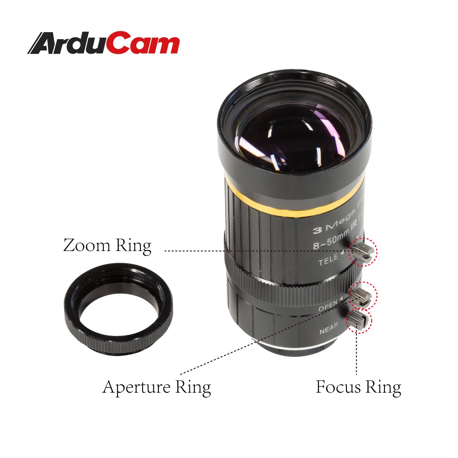 'Objektiv mit Zoom-Ring, Blendenring und Fokusring. Markenname 'ArduCam' oben links. Abnehmbare Teile erläutert.'