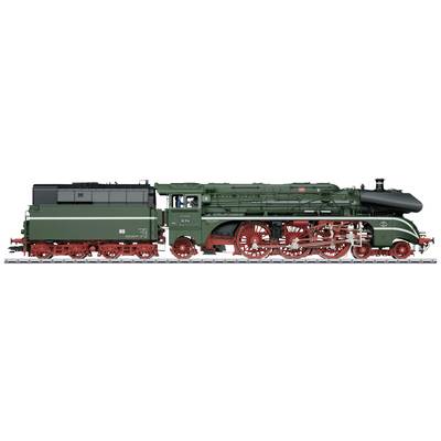 Grüne Dampflokomotive auf Schienen, seitlich gesehen, mit roten Rädern und Details, schwarzem Führerhaus und Schornstein.