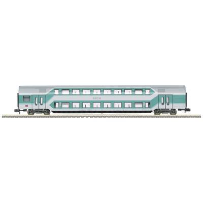 Ein Modell eines doppelstöckigen Eisenbahnwagens in Grün und Weiß auf einem Gleis, ideal zur Darstellung von Personentransport.