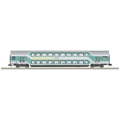 Doppelstockzugwagen in hellgrün und grau auf Gleis, mit Fenstern in zwei Ebenen.