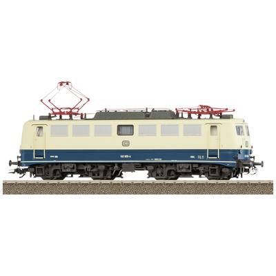 Modell einer elektrischen Lokomotive in creme und blau auf einem Gleis. Sie hat rote Stromabnehmer oben und trägt ein Bahn-Logo.