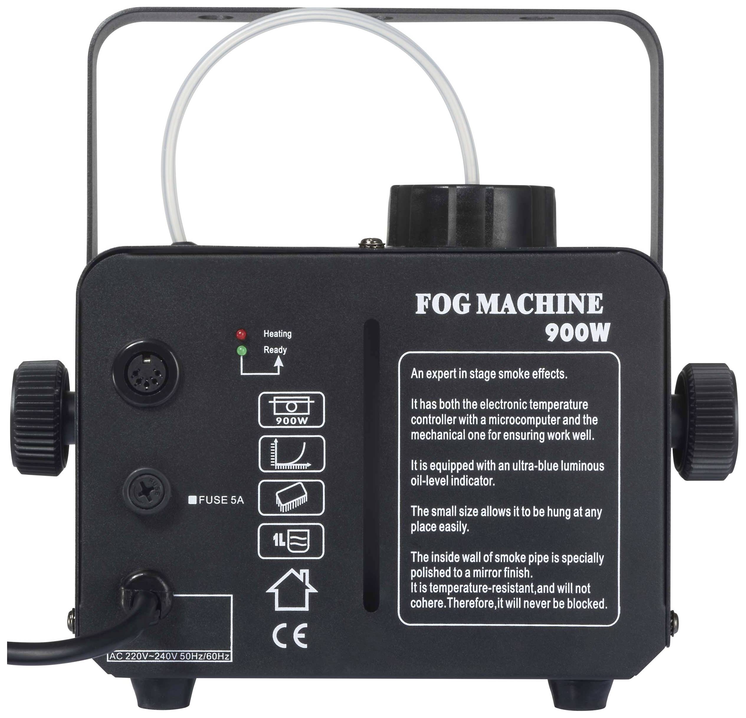 Nebelmaschine mit 900W. Enthält elektronische Temperaturregelung und ultrablaues Licht. Text erklärt Funktionsdetails.