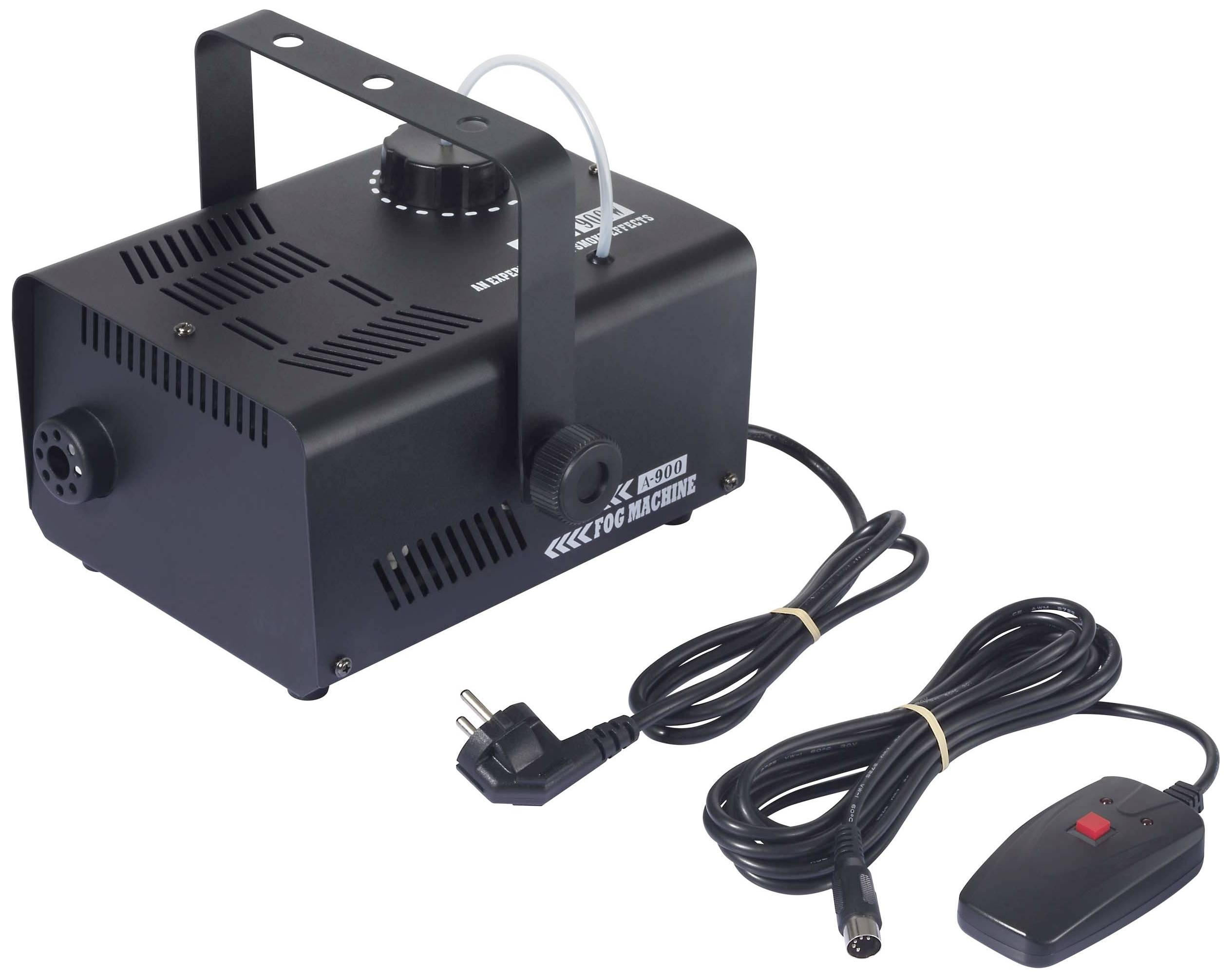 Kompakte Nebelmaschine mit schwarzem Gehäuse, Netzkabel und Fernbedienung. Ideal für Bühnen- oder Partyeffekte.