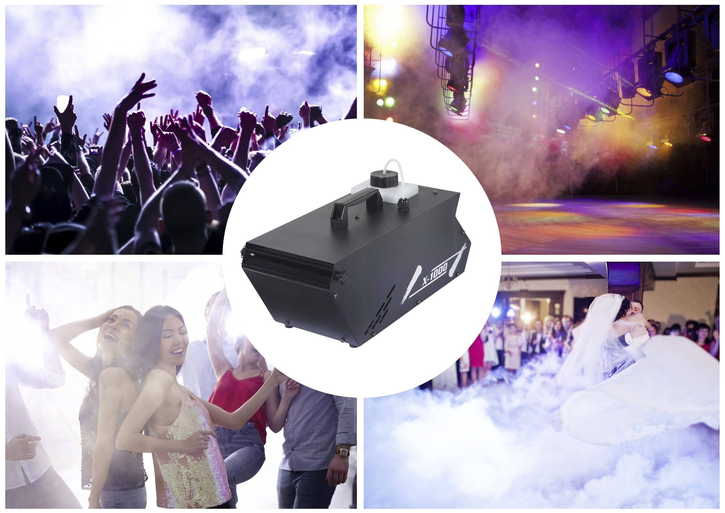 Eine Nebelmaschine, umgeben von Partyszenen: tanzende Menschen mit bunten Lichtern und rauchiger Atmosphäre, Hochzeitstanz im Nebel.