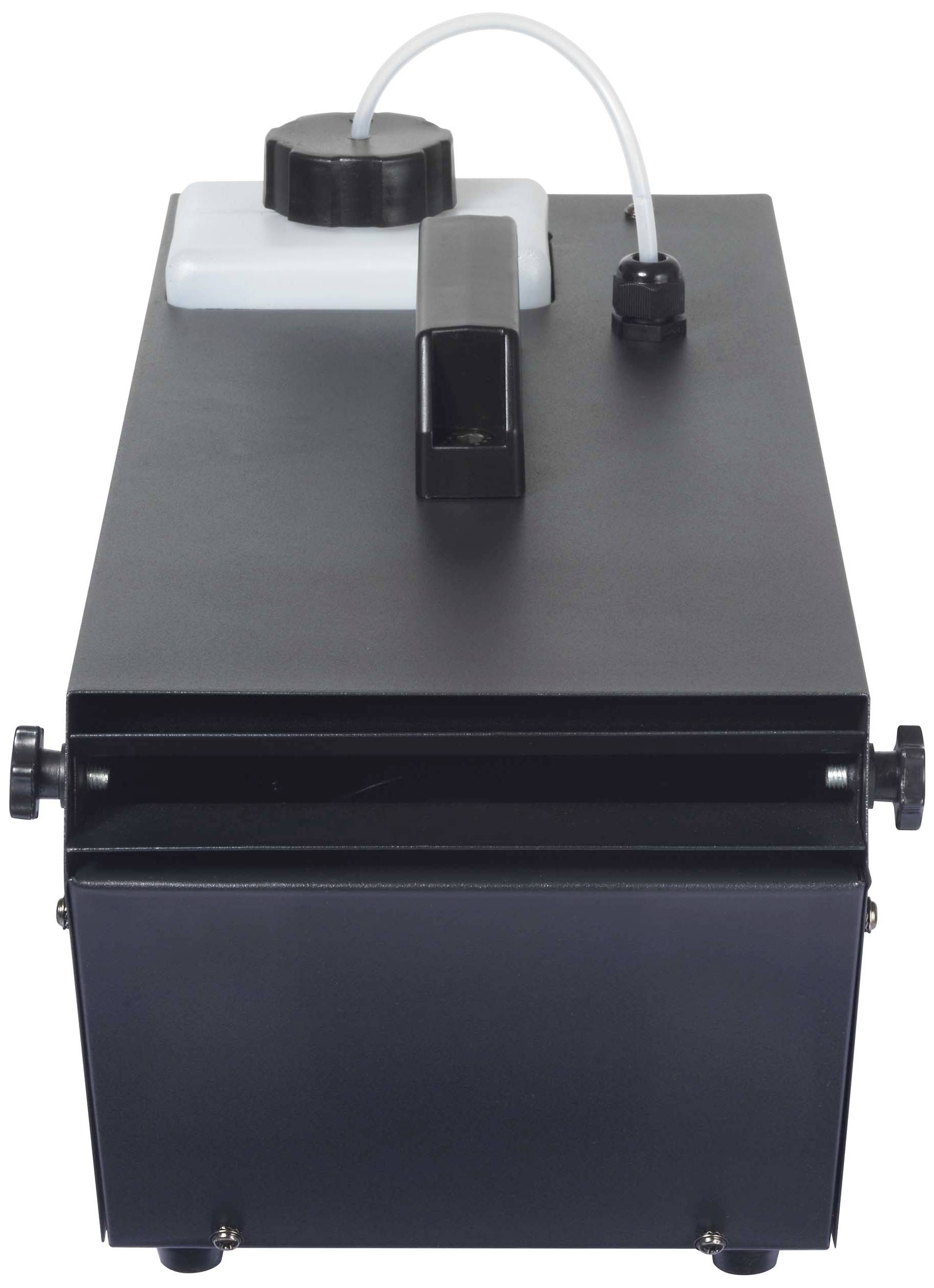 Schwarzes rechteckiges Gerät mit weißem Tank und Schlauch oben, vorne ein schwarzes Fach; möglicherweise eine Maschine oder ein technisches Gerät.