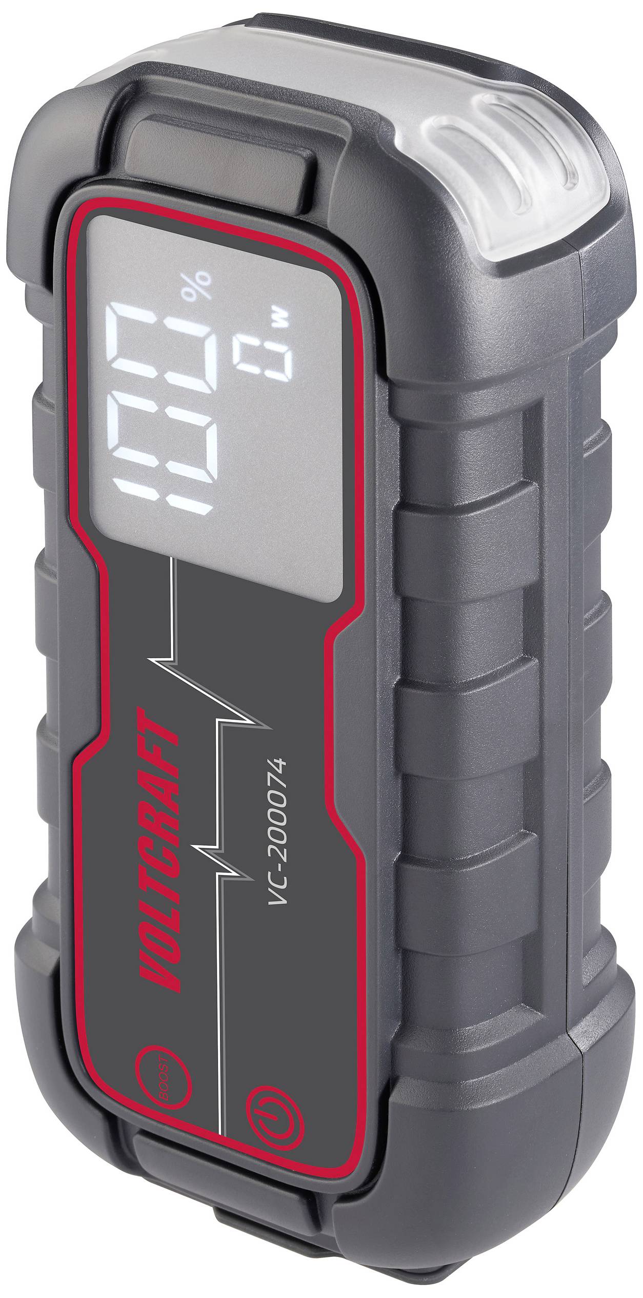 Digitales Voltmeter, zeigt 12,8V auf dem Display, robustes schwarzes Gehäuse mit roten Akzenten, Markenname 'VOLTCARFT'.