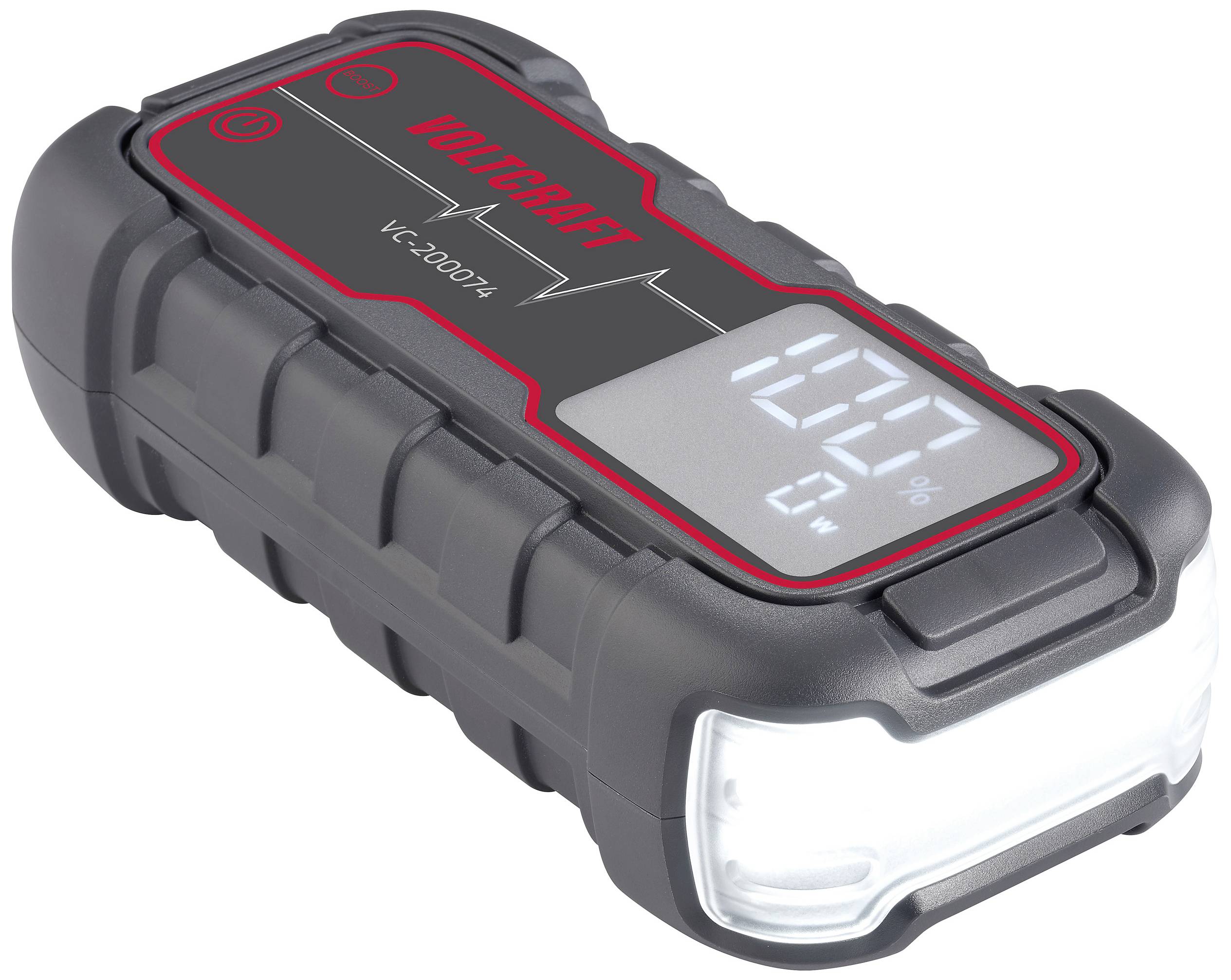 Schwarze Powerbank mit digitaler Anzeige auf rotem Hintergrund, zeigt Ladezustand in Prozent an, beleuchtetes LED-Licht auf einer Seite.