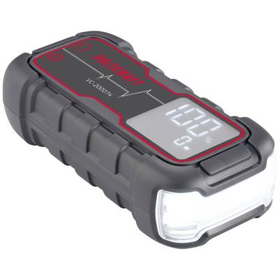 Schwarze Powerbank mit digitaler Anzeige auf rotem Hintergrund, zeigt Ladezustand in Prozent an, beleuchtetes LED-Licht auf einer Seite.