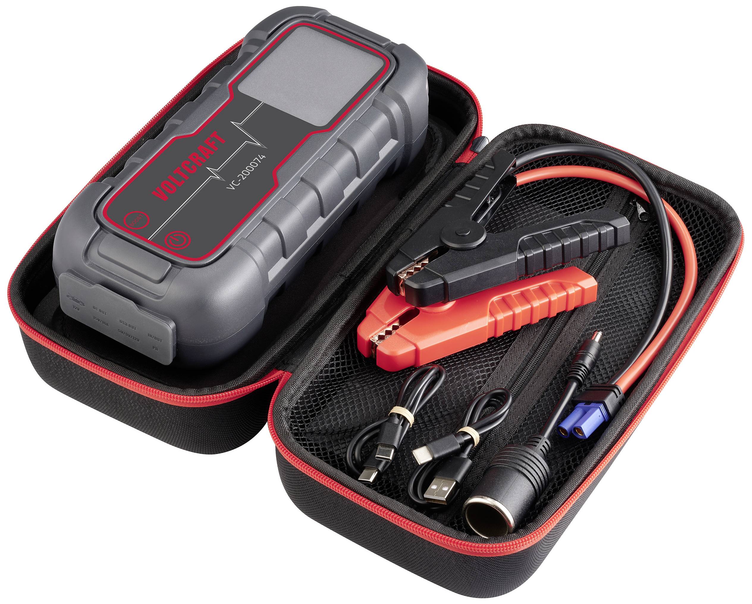 Tragbare Auto-Starthilfe in einer offenen Tasche mit Krokodilklemmen, Kabel und Zubehör, verwendet zum Starten von Fahrzeugbatterien.