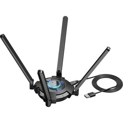 Schwarzer WLAN-Router mit vier ausklappbaren Antennen und leuchtendem blauen Kreis in der Mitte, verbunden über USB-Kabel.