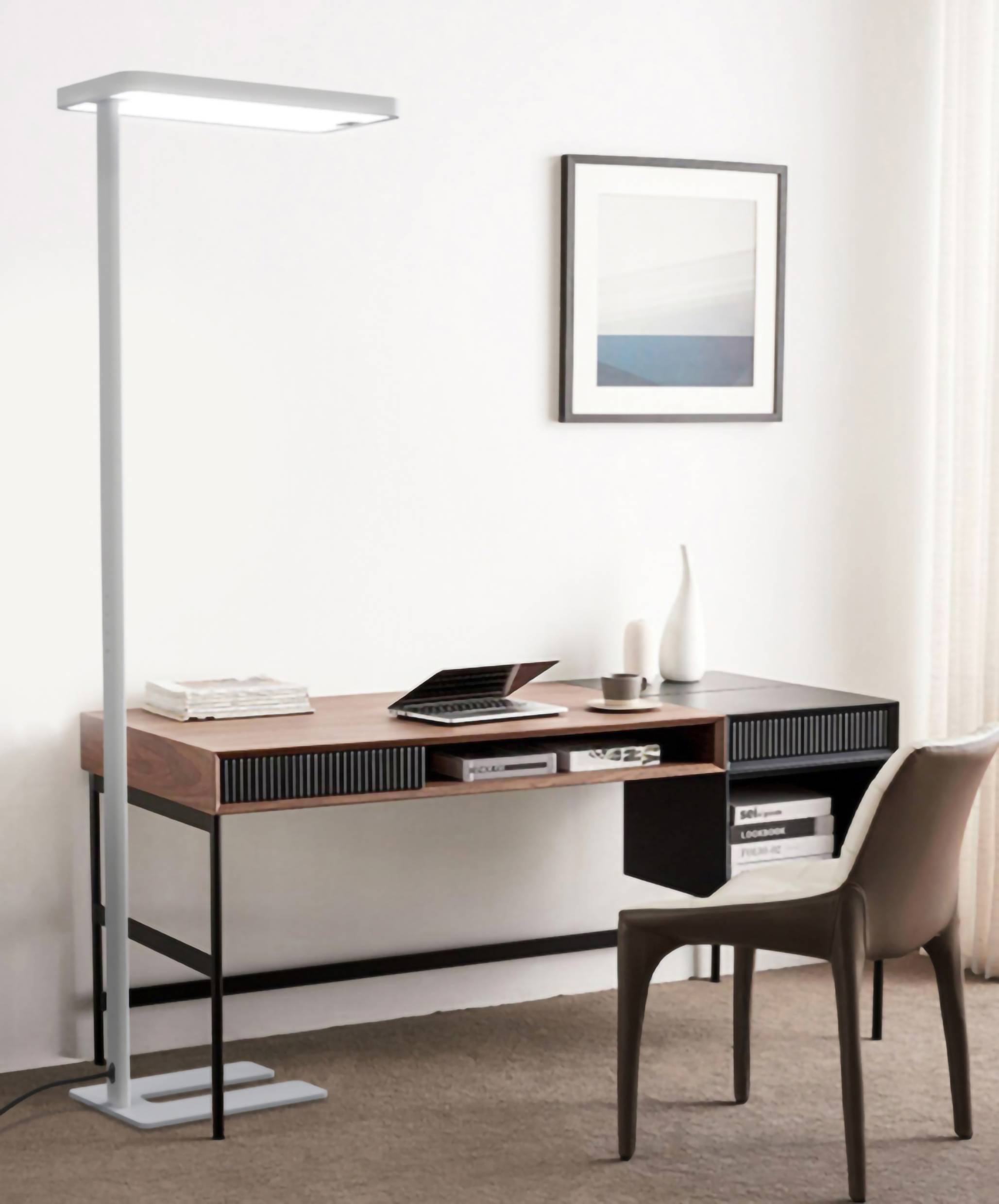 Moderner Schreibtisch mit Laptop, Büchern und Vase. Eine Stehlampe beleuchtet den Raum. Ein Bild hängt an der weißen Wand.