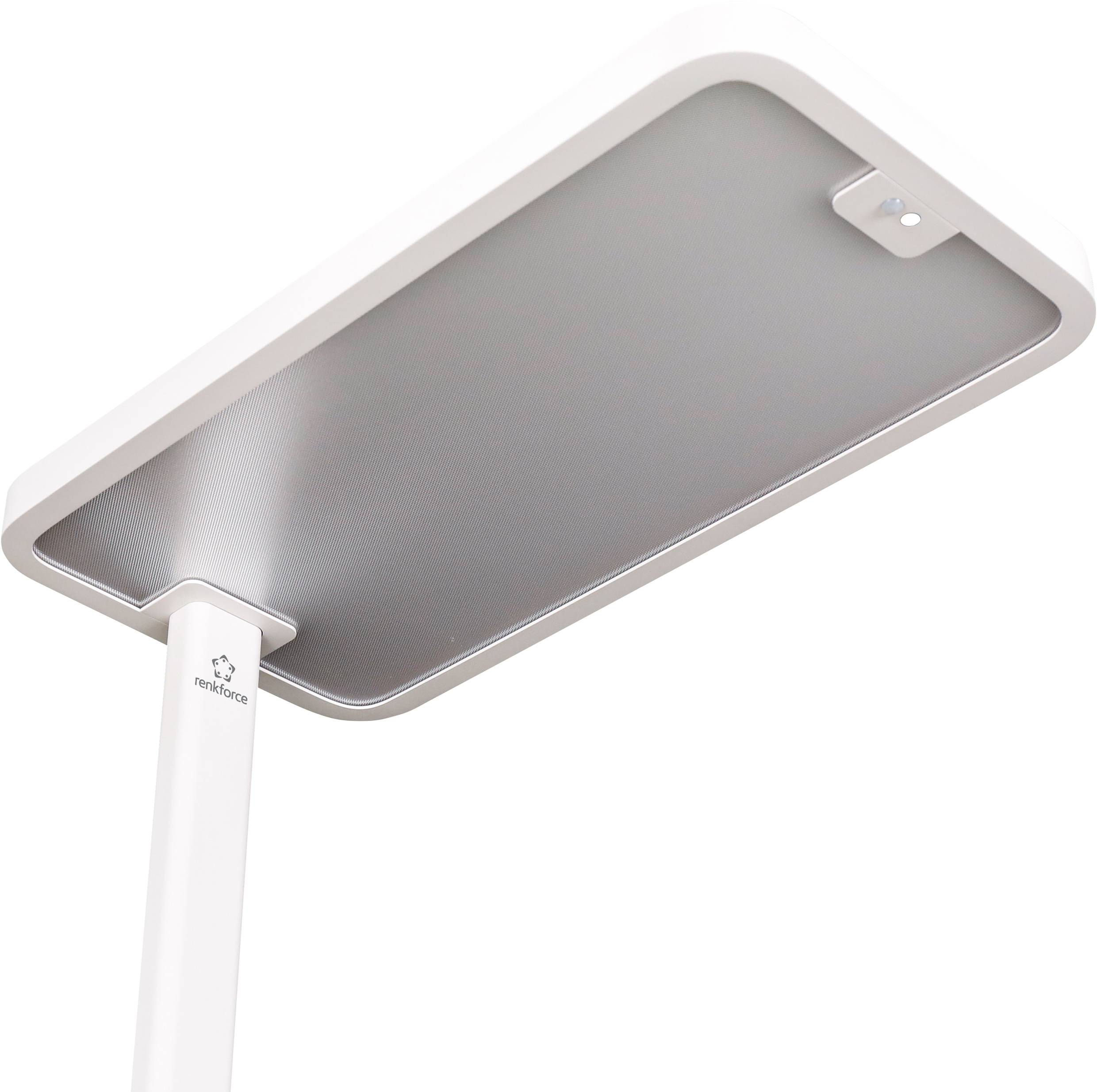 Eine moderne, rechteckige Deckenleuchte mit weißem Rahmen und grauer Leuchtfläche. Sie ist an einem weißen Arm befestigt.