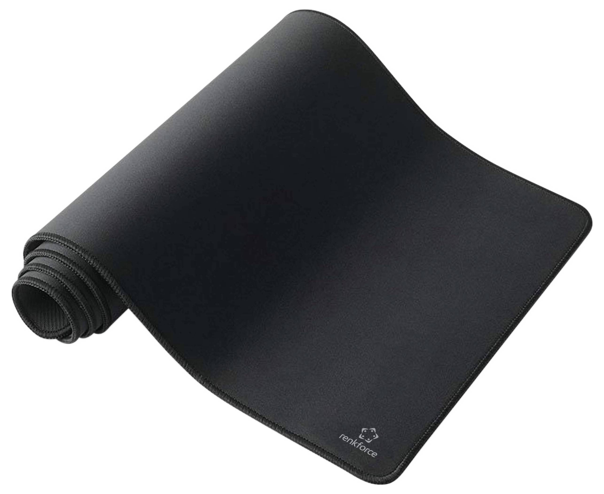 Eine schwarze, aufgerollte Schreibtischunterlage aus rutschfestem Material mit dezentem recyclebarem Symbol in der Ecke. Geeignet für Computermaus und Tastatur.