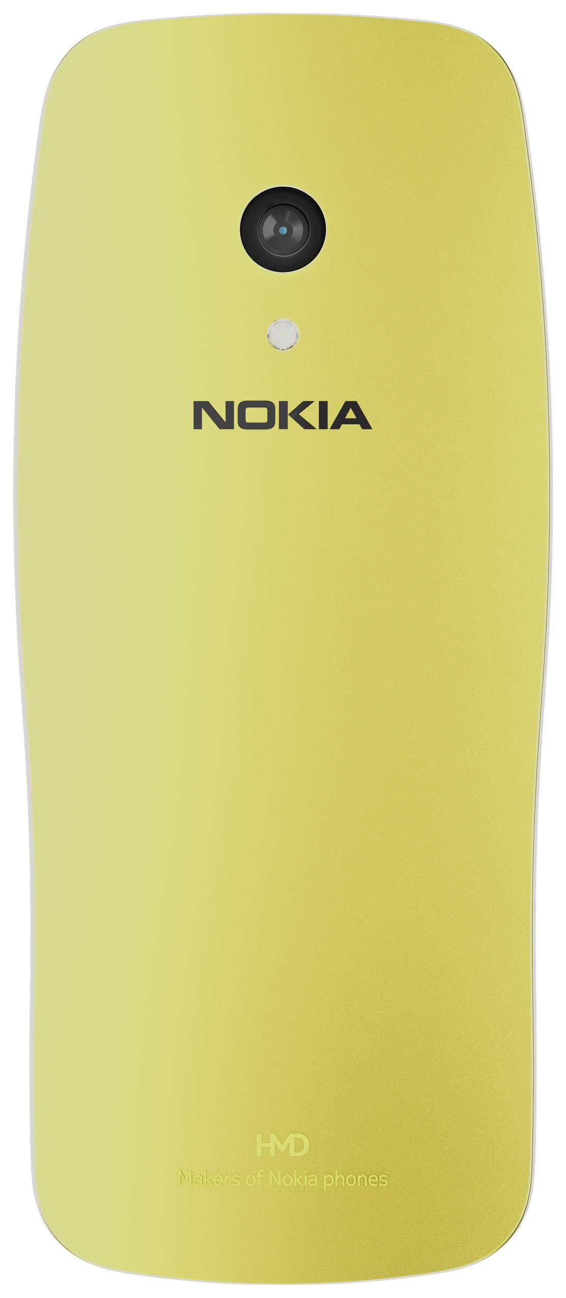 Ein gelbes Mobiltelefon mit 'Nokia'-Logo und Kamera auf der Rückseite, in schlichtem Design.