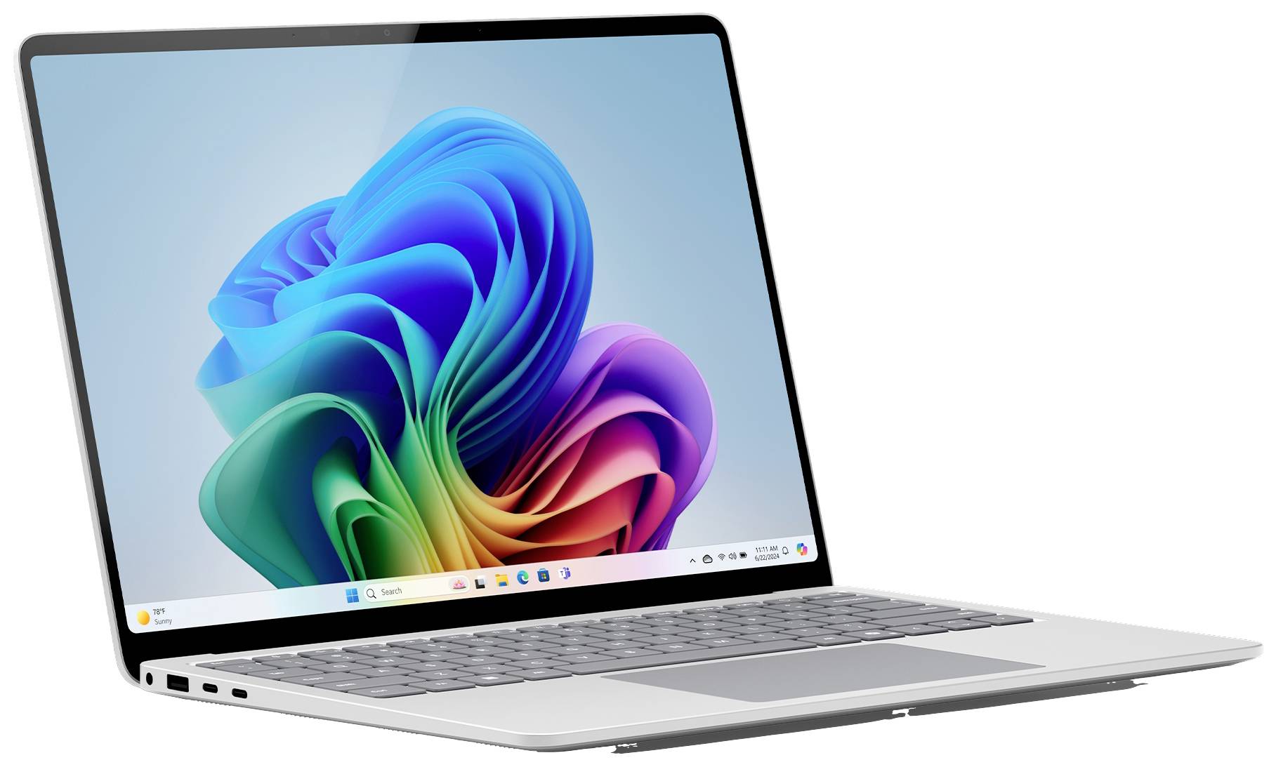 Ein Laptop mit Windows-Betriebssystem zeigt einen bunten Hintergrund auf dem Bildschirm. Der Laptop hat ein schlankes Design.