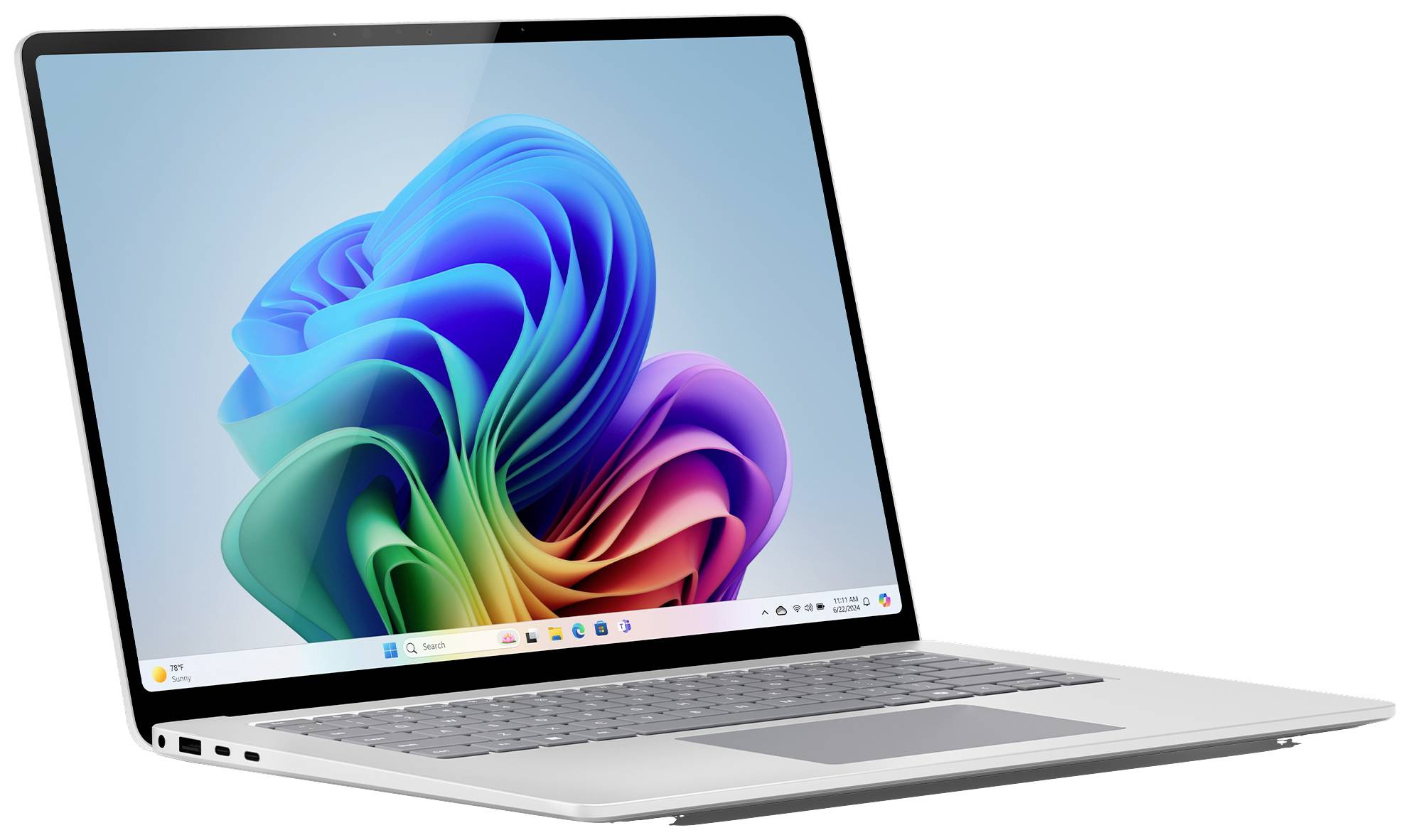 Ein moderner Laptop mit offenem Bildschirm zeigt ein buntes, abstraktes Hintergrundbild. Tastatur und Trackpad sind sichtbar.