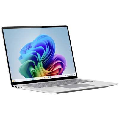 Ein moderner Laptop mit offenem Bildschirm zeigt ein buntes, abstraktes Hintergrundbild. Tastatur und Trackpad sind sichtbar.