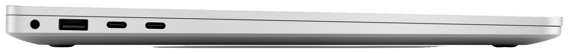 Seitenansicht eines modernen Laptops mit mehreren Anschlüssen, darunter zwei USB-C-Ports und ein Audioanschluss.