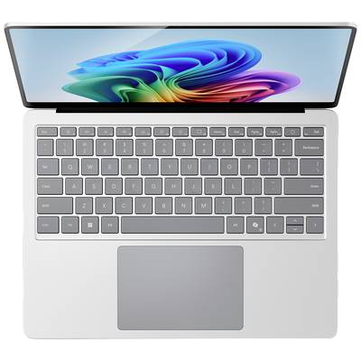 Ein Laptop mit geöffnetem Bildschirm zeigt eine bunte, abstrakte Darstellung. Die Tastatur ist sichtbar, das Design wirkt modern.