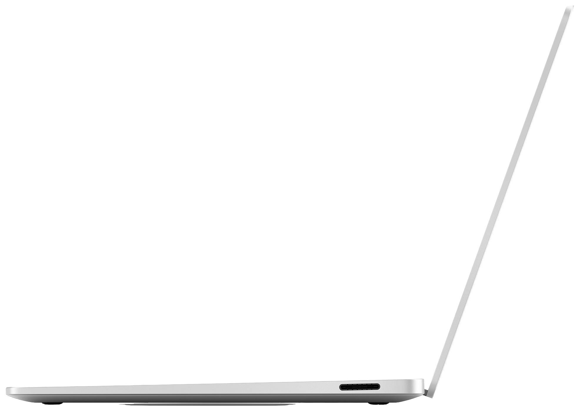 Ein schlanker, geöffneter Laptop in seitlicher Ansicht, der die dünne Bauweise und den minimalistischen Stil betont.