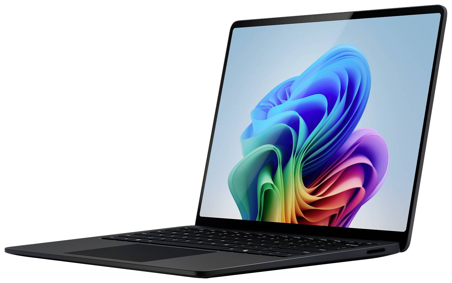 Ein schwarzer Laptop zeigt einen Bildschirm mit buntem, wirbelndem abstraktem Design vor einem hellblauen Hintergrund.