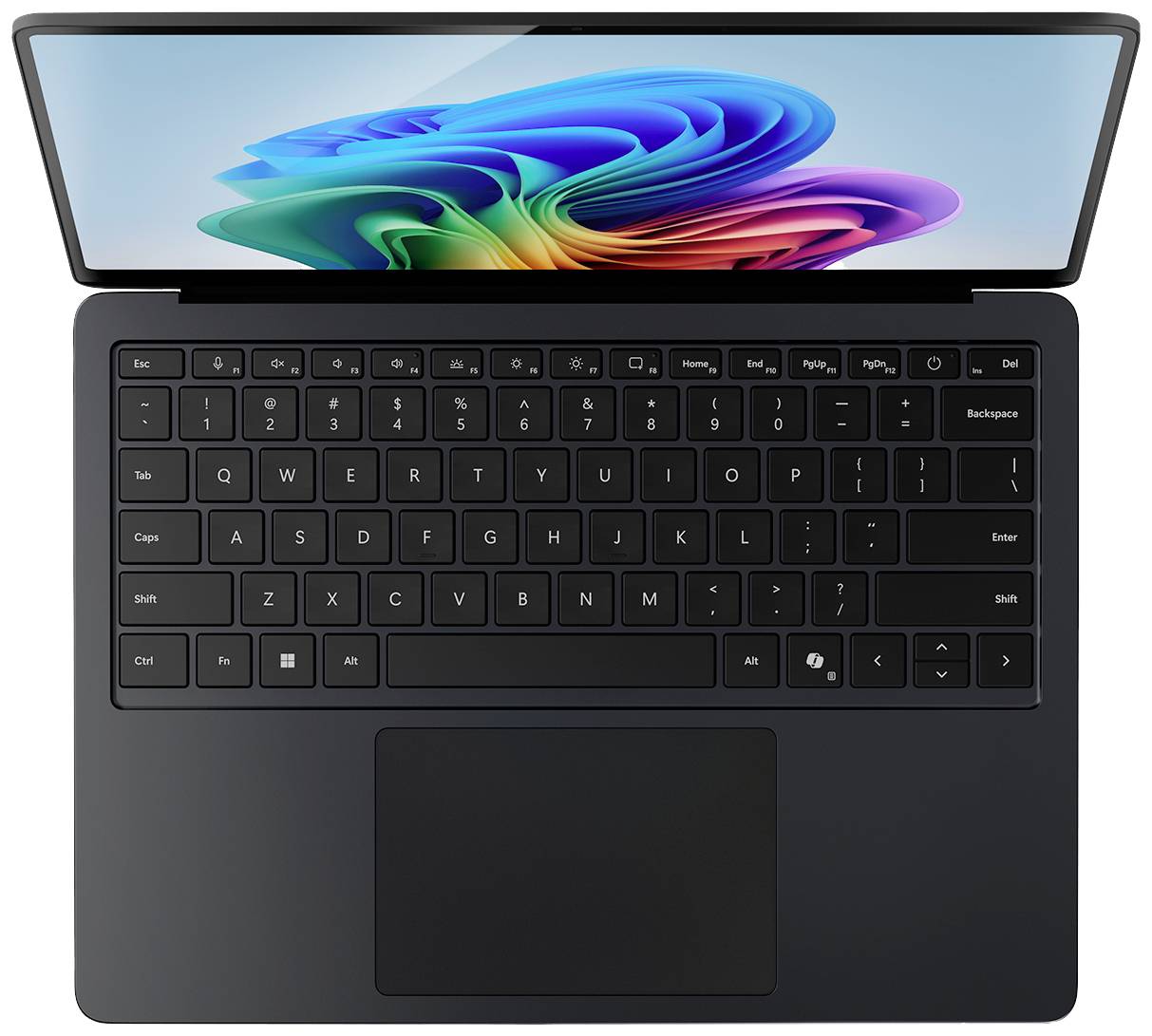 Ein Laptop mit geöffneter Bildschirmklappe auf dem ein buntes, abstraktes Bild zu sehen ist. Die Tastatur ist vollständig sichtbar.