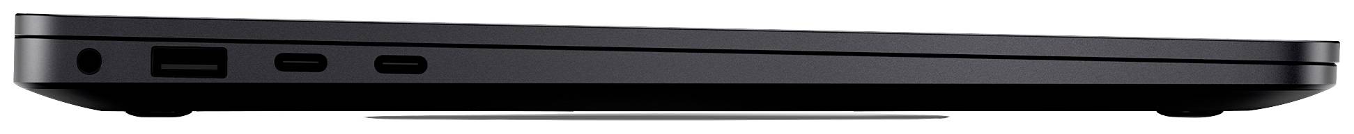 Seitenansicht eines schwarzen Laptops mit mehreren Anschlüssen auf der linken Seite.