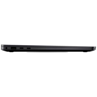 Seitenansicht eines schwarzen Laptops mit mehreren Anschlüssen auf der linken Seite.