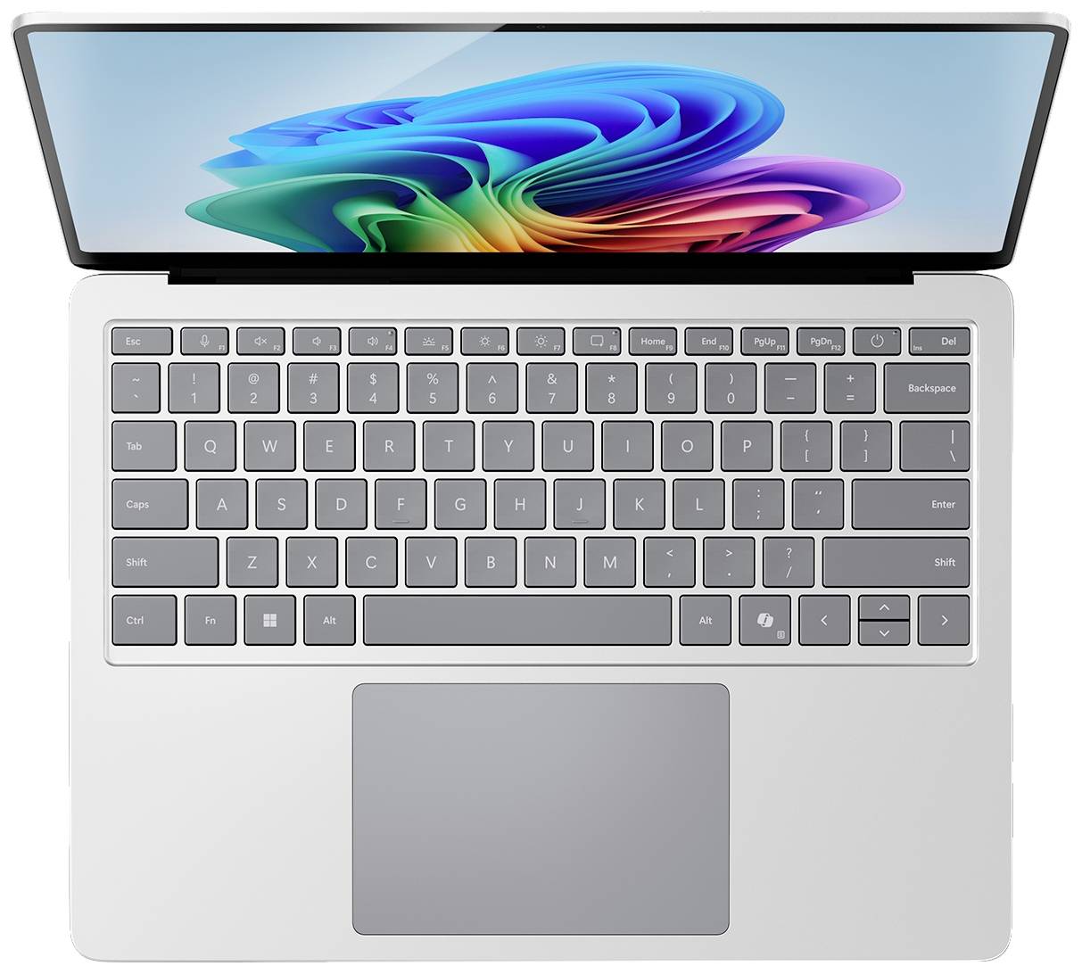 Ein Laptop mit offenem Bildschirm zeigt ein buntes, abstraktes Hintergrundbild. Die Tastatur ist sichtbar, das Touchpad groß.
