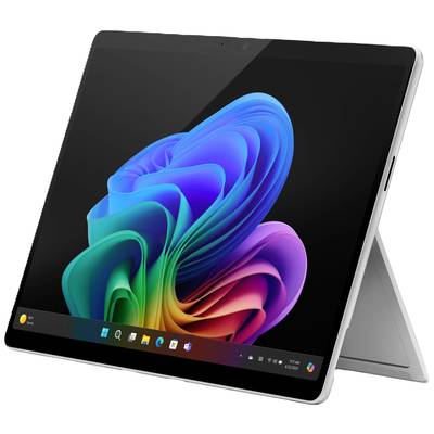 Ein moderner Laptop im Tablet-Modus, zeigt einen bunten Bildschirmhintergrund. Das Gerät steht auf einem eingebauten Ständer.