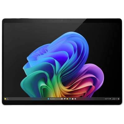Ein Tablet mit einem bunten, abstrakten Hintergrundbild und einer Taskleiste, die mehrere App-Symbole anzeigt.