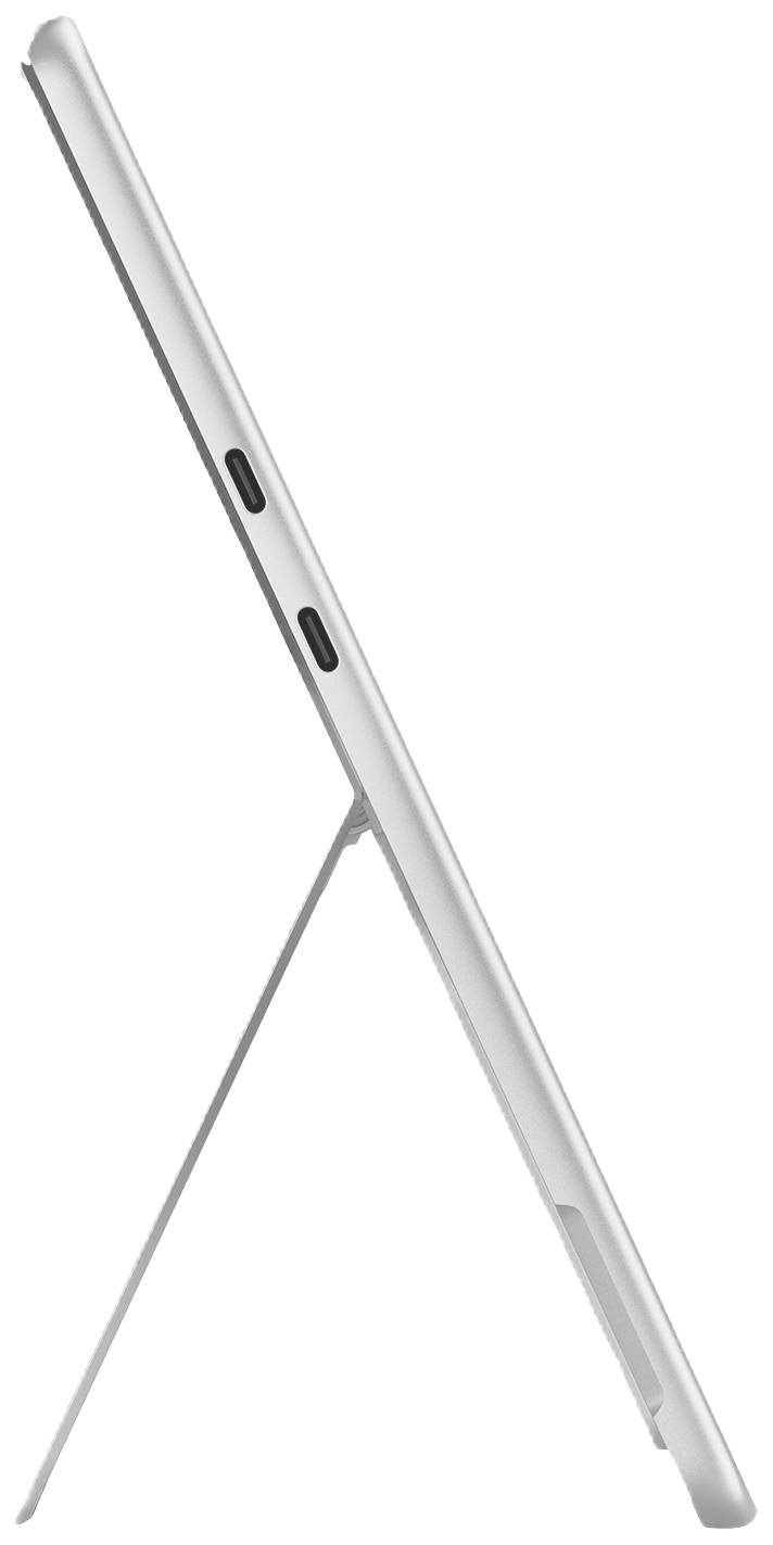 Dünnes Tablet in seitlicher Ansicht mit integriertem Ständer und zwei Anschlüssen.