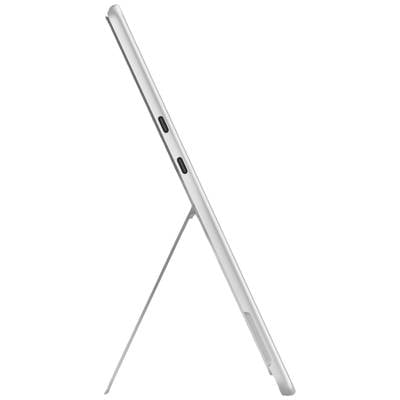 Dünnes Tablet in seitlicher Ansicht mit integriertem Ständer und zwei Anschlüssen.
